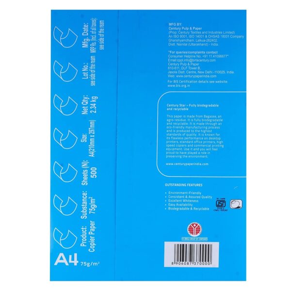 Century Green Copier Paper - A4 Size, 70 GSM 500 Sheets Ream - Image 3